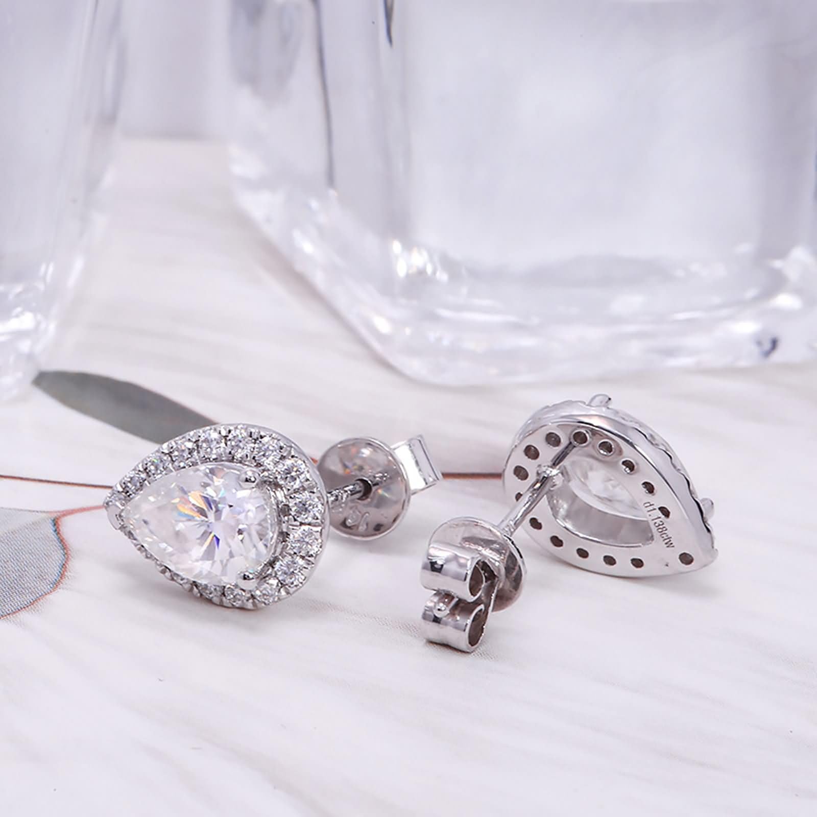 Pendientes Mujer de Oro Blanco 9K / 14K / 18K, Gota de Agua con Moissanita, Pendientes Boda Plata Mujer
