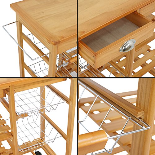 Nova Microdermabrasion Rolling Wood Kitchen Island Storage Trolley Utility Cart Rack w/Storage Drawers/Baskets Dining Stand w/Wheels Countertop (Wood) (Wood Top)