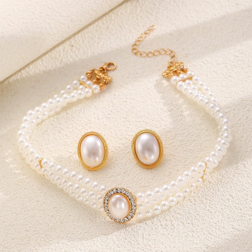 Dainty Layered White Beaded Pearls Choker Necklaces Stylish Big Oval Pearl Stud Earring for Women Charming Necklace Earrings Prom Party Jewelry Set Gift - Image 7