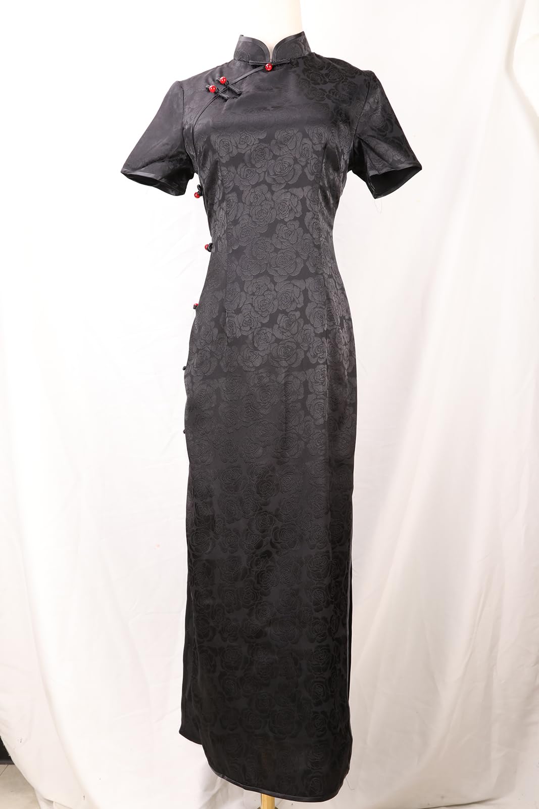 Robe chinoise longue Cheongsam à col mandarin coupe ajustée manches courtes moulante imprimé floral sexy fente latérale Qipao