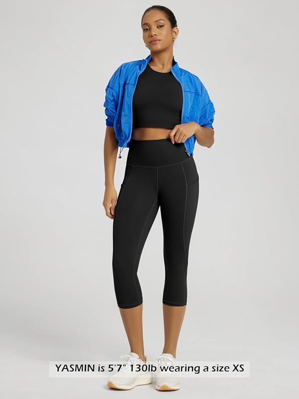 ODODOS Women's High Waisted Yoga Capris with Pockets,Tummy Control Non See Through Workout Sports Running Capri Leggings, Black,Large image 4