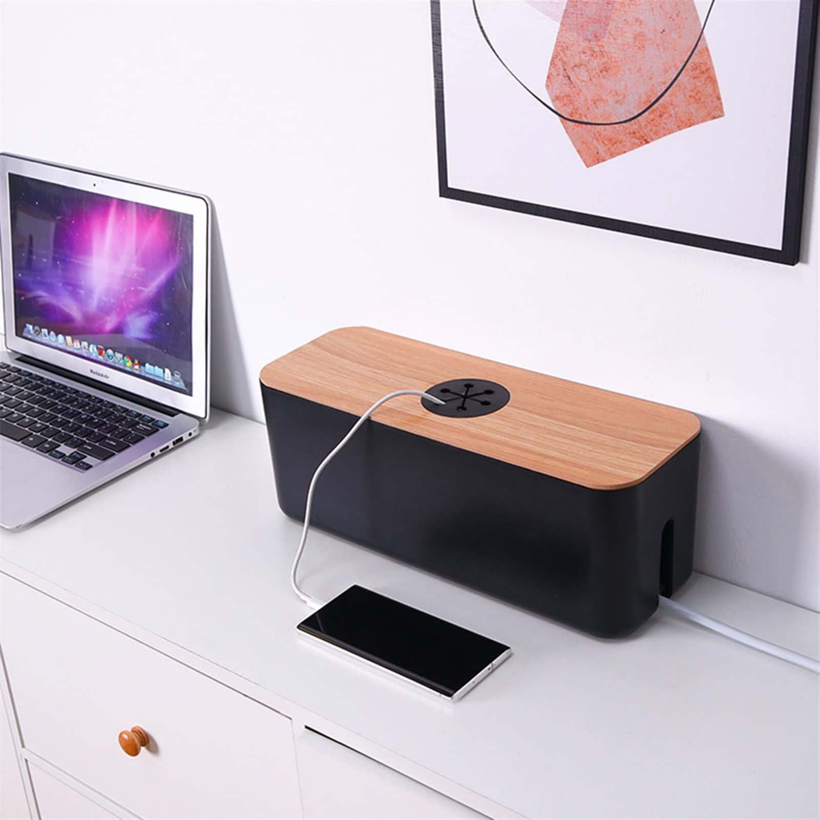 Scatola per Cavi Scatola di stoccaggio del Filo con Coperchio di Legno, Scatola di stoccaggio del Cavo della Rete del Cavo del Telefono Cellulare, Gestione del Caricatore della Famiglia Tipo Nascosto