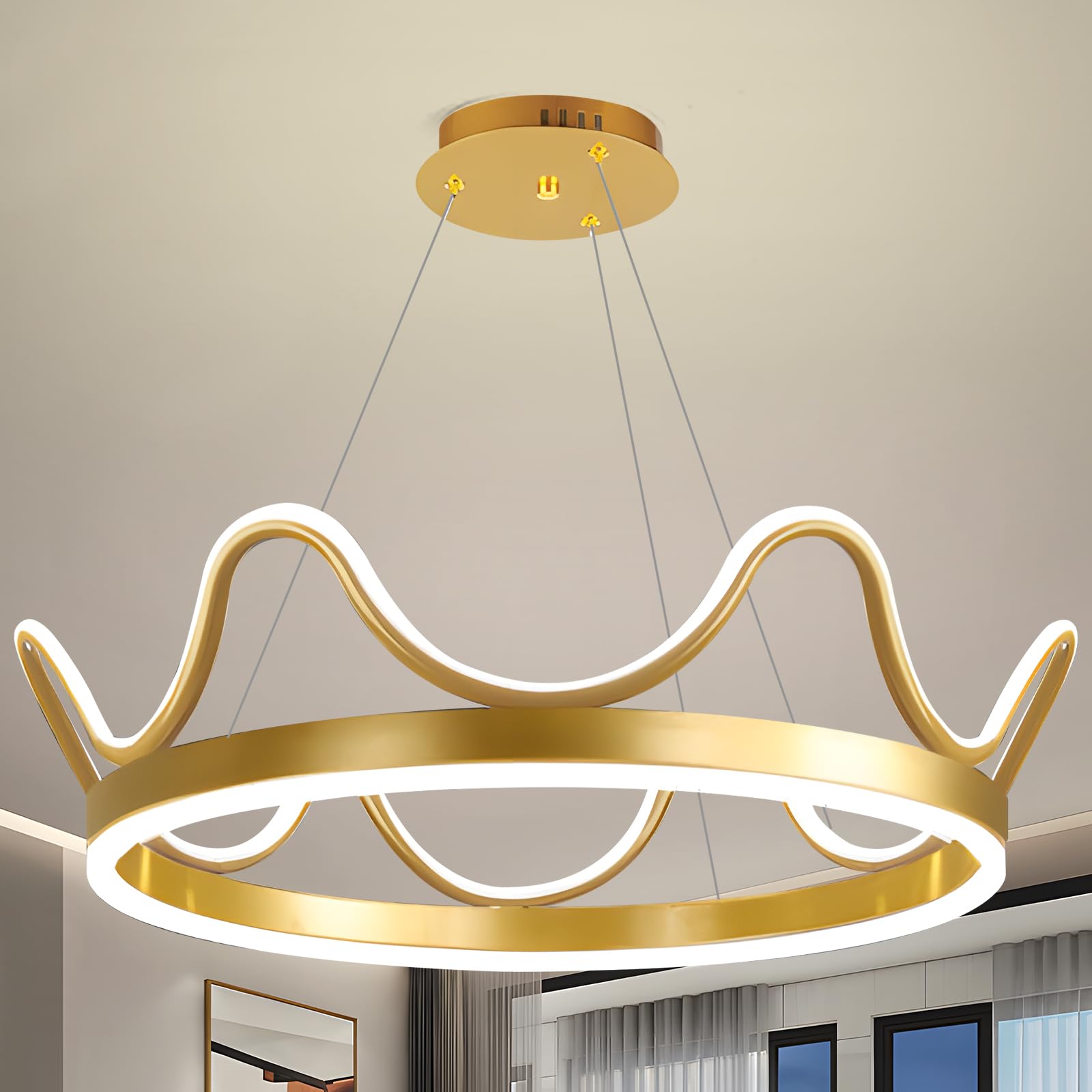 YT YATAI LIGHTING LED Chandelier Light,Golden Crown Shape Round Chandelier,3 Colors Dimming for Bedroom Dining,64W