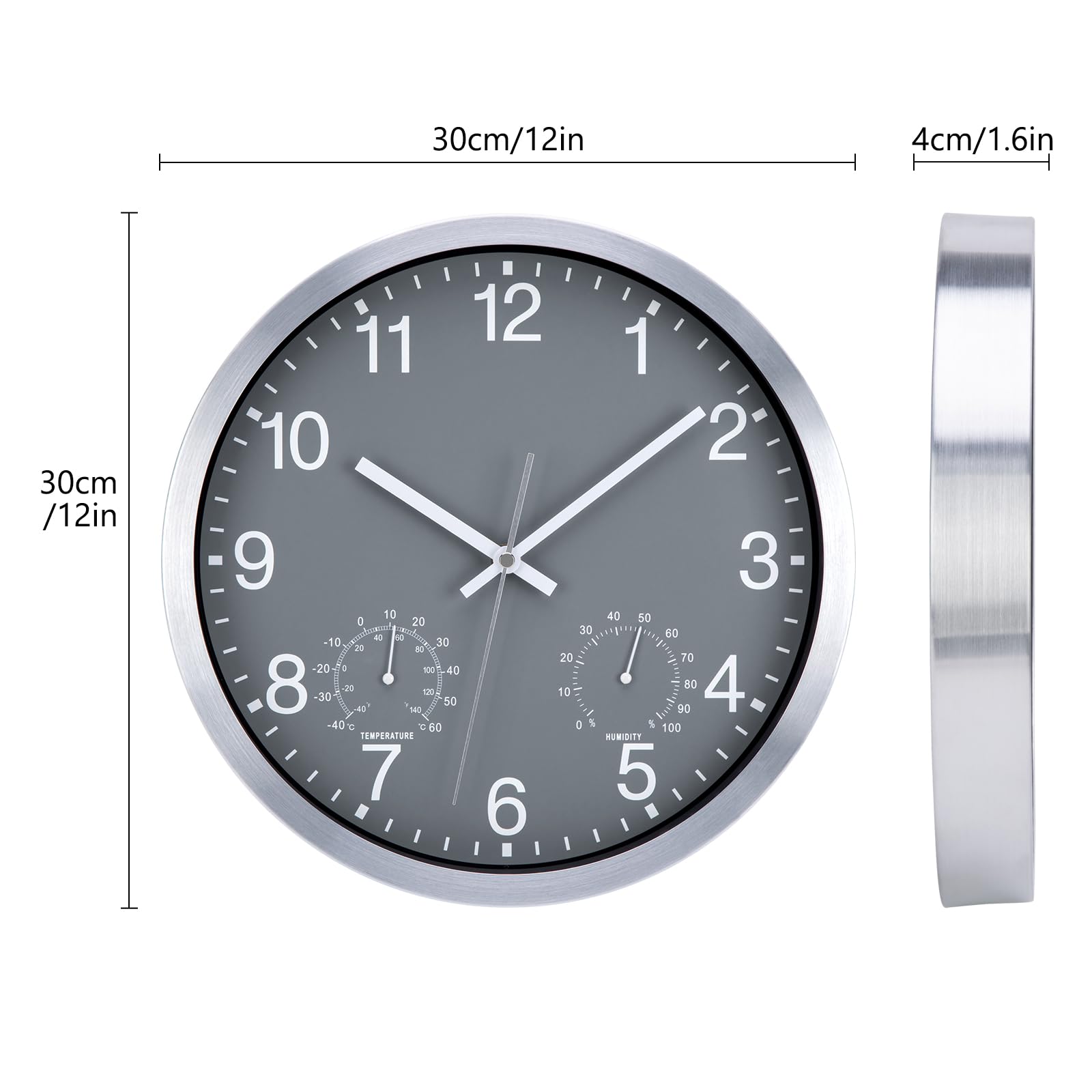 ACCSHINE Reloj de pared impermeable para exteriores – con termómetro e higrómetro, reloj de pared sin tic-tac, silencioso, 30 cm, cuarzo a pilas, grande, Deco de jardín (color gris)