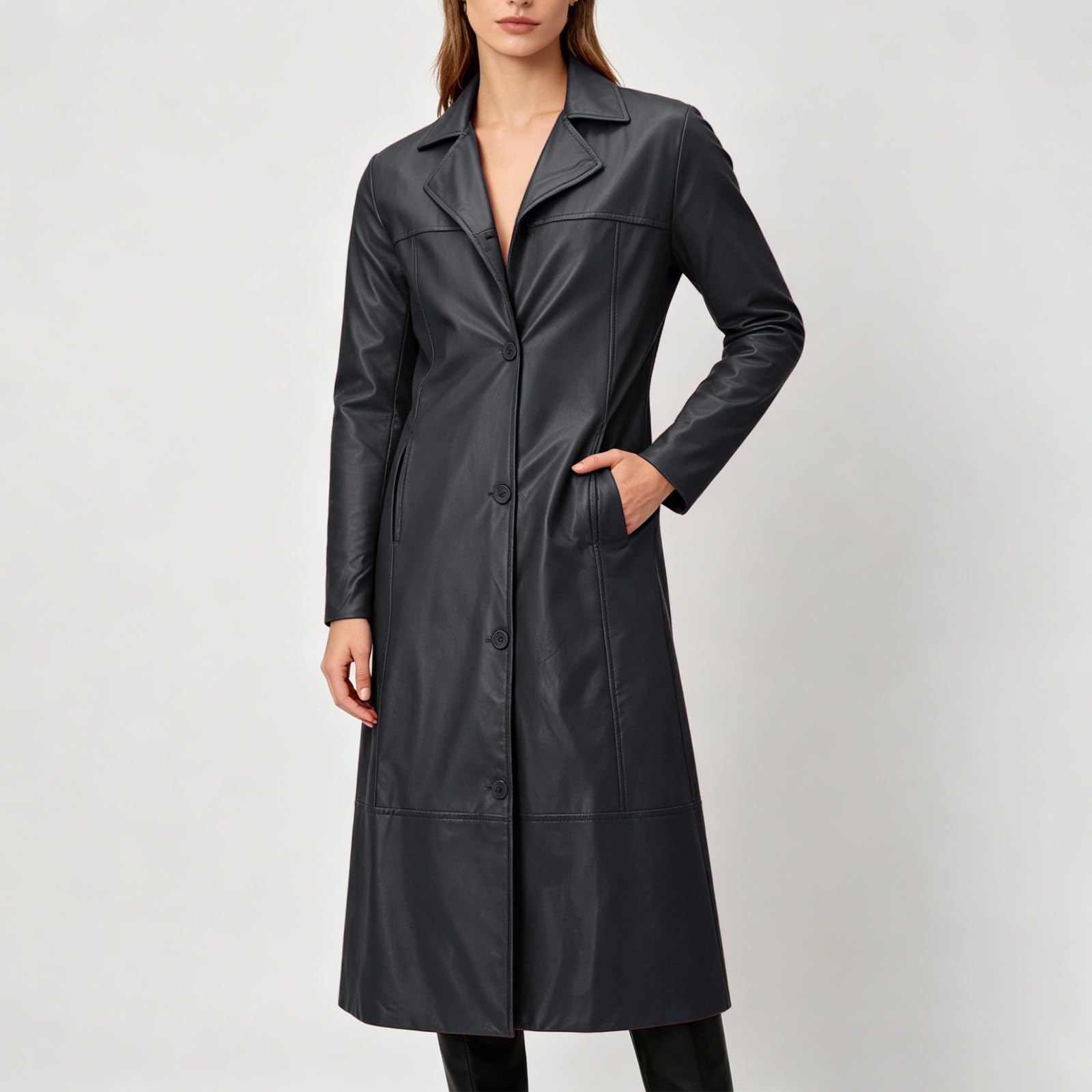 Trench lungo da uomo, impermeabile, cappotto invernale lungo | Giacca in pelle, tinta unita, a maniche lunghe, con bottoni, cappotto invernale aperto, impermeabile, antivento