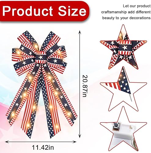 Miniatura 2 de ABTOLS Lazos de corona patrióticos LED grandes para puerta delantera, 4 de julio, rojo, azul, blanco, estrellas y rayas para corona, lazos de