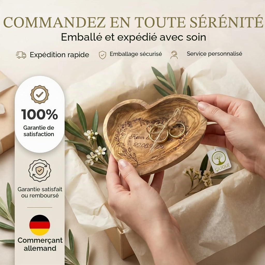 Coussin pour alliances de mariage en bois d'olivier personnalisé - Bol en bois en forme de cœur fait à la main