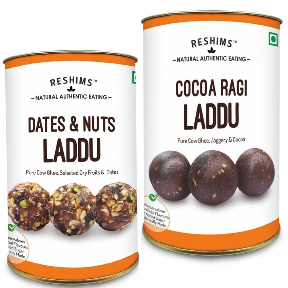 RESHIMS Natural Authentic Eating - Assorted Can 24 Ladoos | Sugar-Free | Energy Bar Replacement | Cow-Ghee | Healthy Snacks & Healthy Sweet | 2 Flavors, 240 grams Each (Dates & Cocoa Ragi) (B0D12HK7FJ) Amazon Price History, Amazon Price Tracker