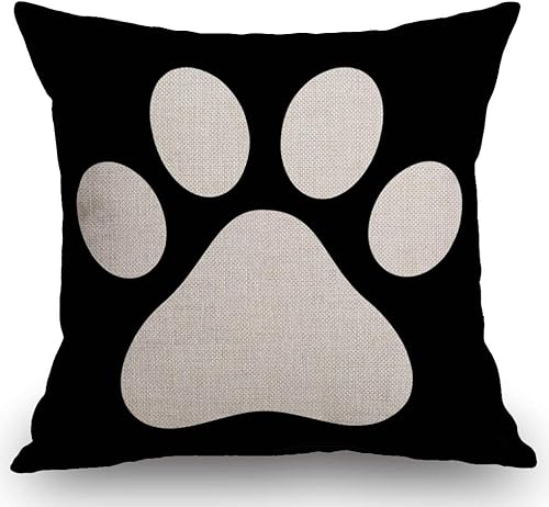 Funda de cojín blanca de lino y algodón con diseño de huella de perro aislado sobre fondo negro, decoración de casa de campo, de lino y algodón,