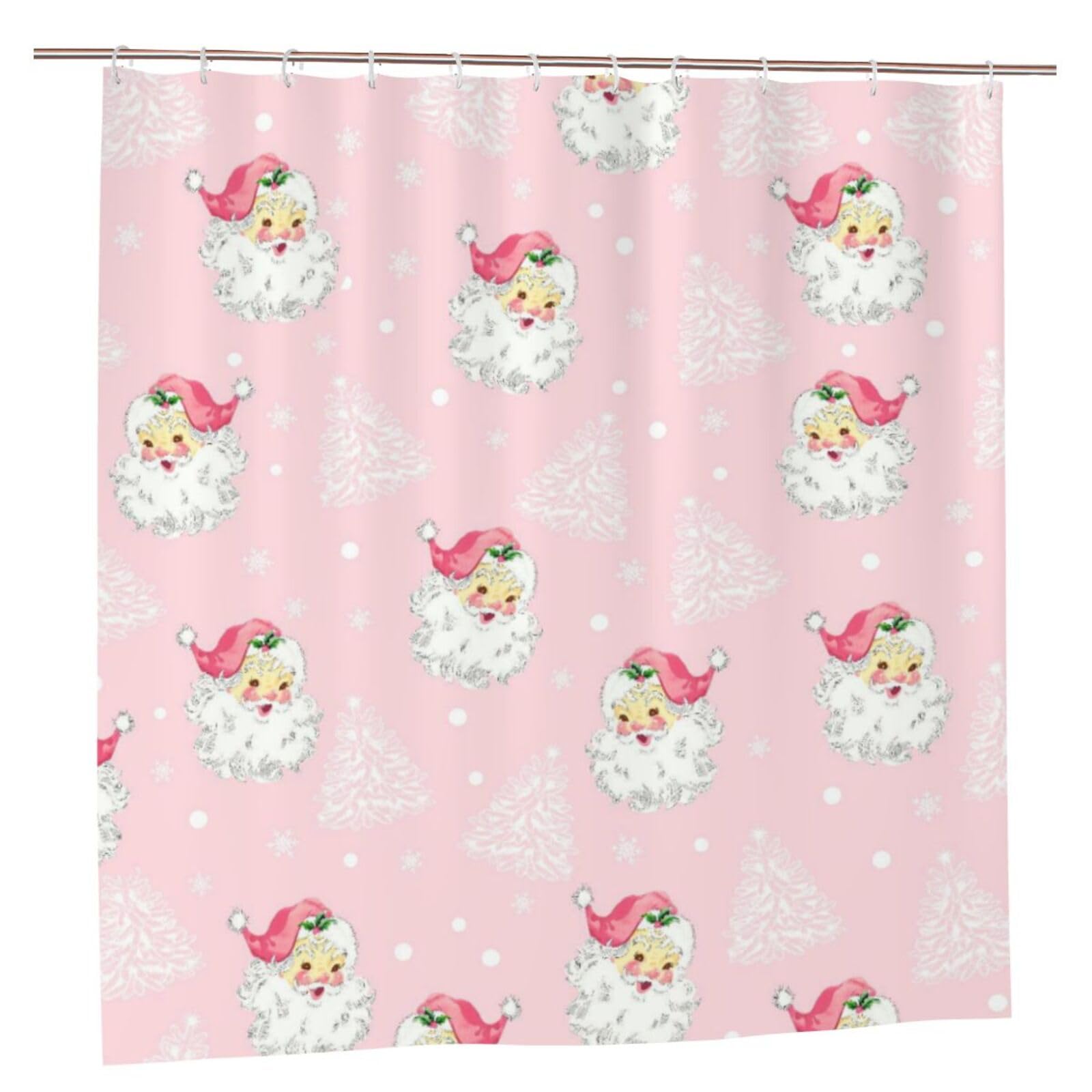 Newhomestyle Pink Christmas Santa Claus Shower Curtain, Xmas Tree Waterproof Quick Dry Bathtub Bath Curtain
