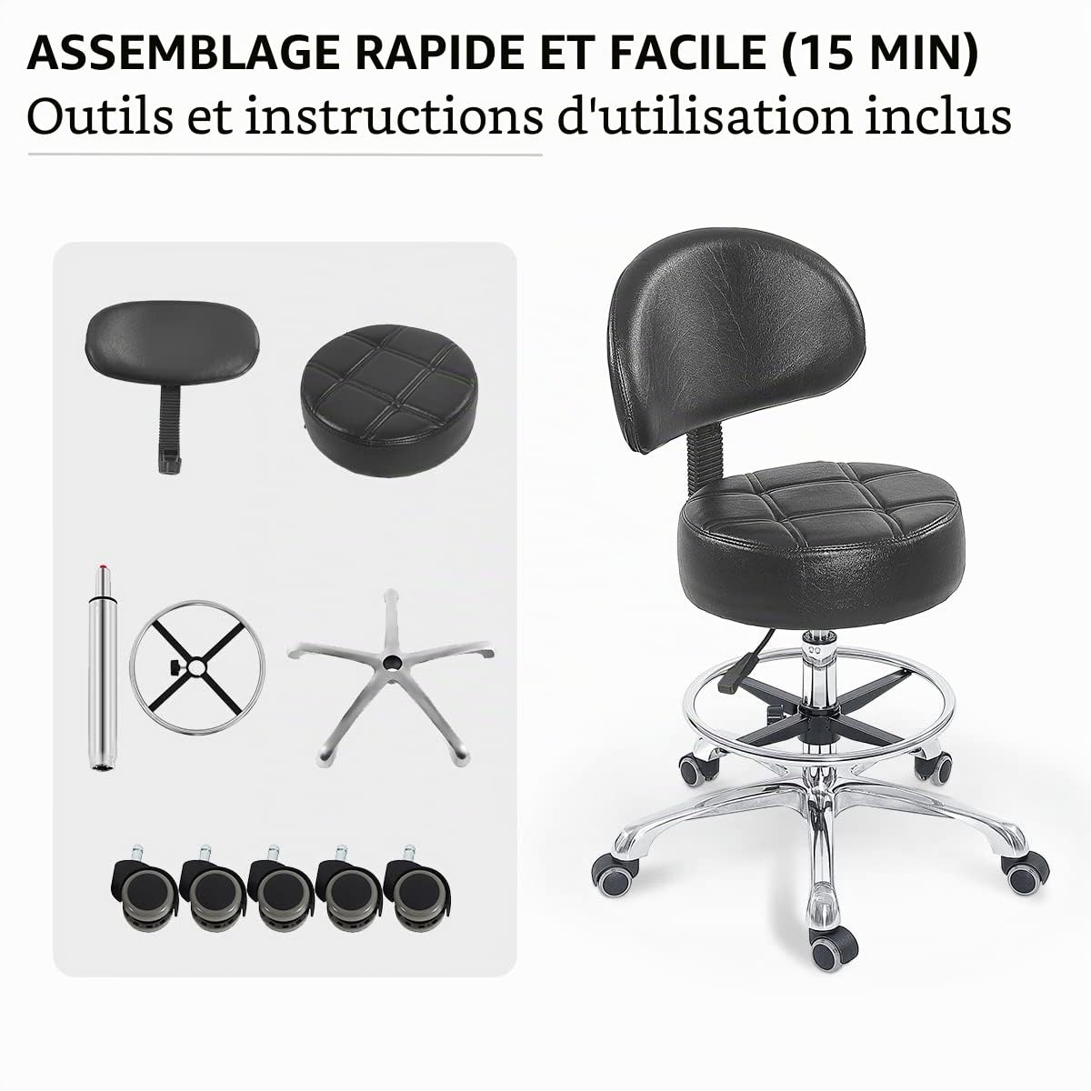 Grace&Grace Tabouret pivotant à Hauteur réglable avec siège Rond Extra Large et Extra épais et Dossier Confortable, Base en métal Robuste pour Salon, Massage, Usine, Boutique