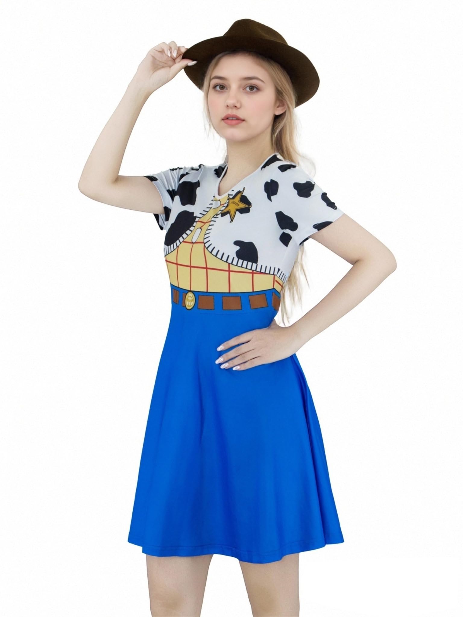AYYOHON Women Jessie Costume Dress Woody Skater Dress Halloween Western Cowgirl Cosplay Cow Print Costume 3XL