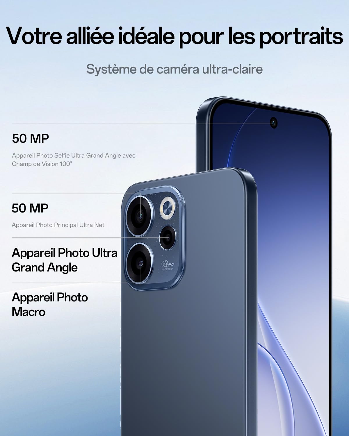 OPPO Reno15 F 5G Téléphone Android, 8+256Go, Écran 6.57" 120Hz, Appareil Photo Ultra Grand Angle 50MP FOV 100°, AI Portrait Glow, Batterie 6500mAh, IP69, Charge Flash 80W SUPERVOOC, Twilight Blue