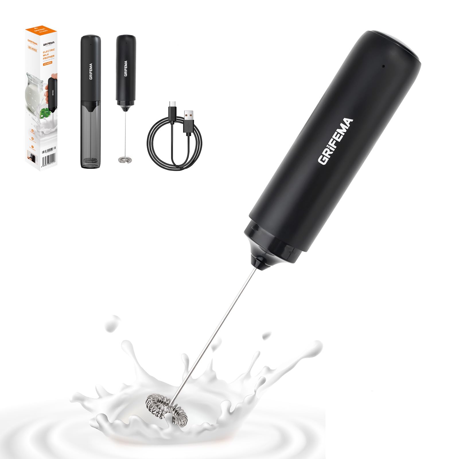 GRIFEMA Milk Frother Handheld Rechargeable Electric Coffee Whisk, Black