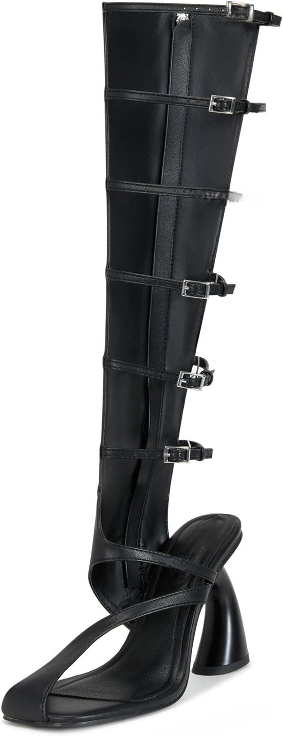 Winforea Women's Knee High Gladiator Boots Square Toe Sculptural Heel Boots with Adjustable Buckle Straps Back Zipper Fashion Dress Boots for Daily Party