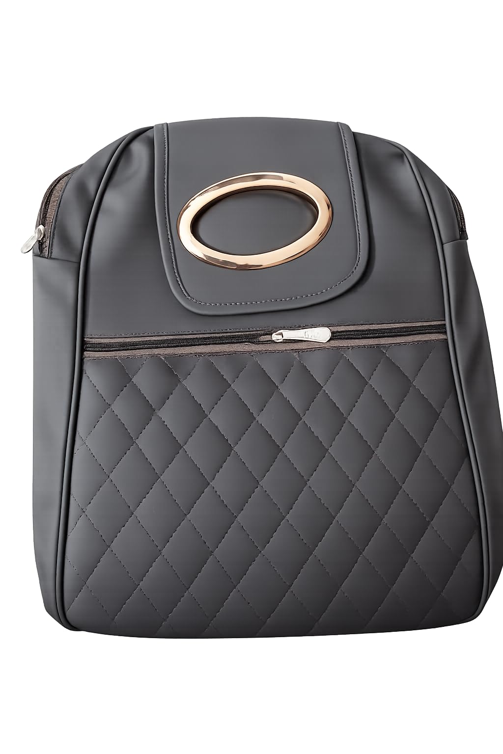 Grey Quilted Backpack Handbag with Gold-Tone Ring Handle-image-33