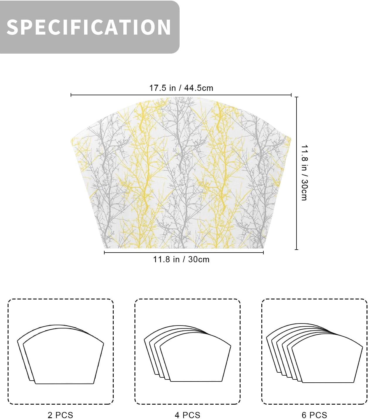 Round Table Placemats Set of 6 Yellow Grey Tree Branch Wedge Shaped Placemats Non-Slip Heat Insulation Table Mats Durable Wipeable Placemats for Round Tables Party Decor