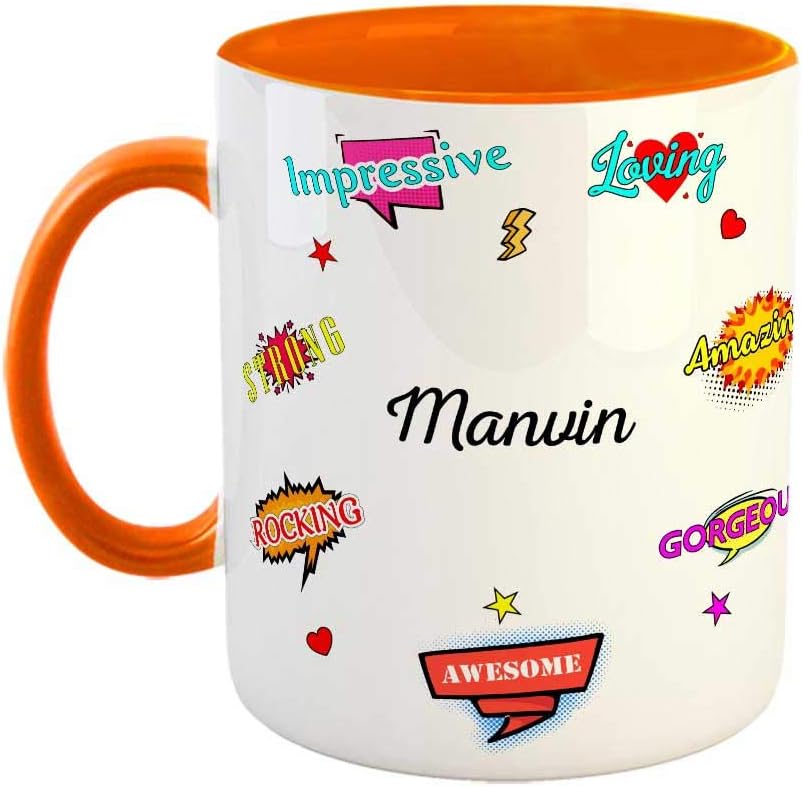 FABTODAY Ceramic Coffee Mug - Best Gift for Happy Birthday, Anniversary, Return Gift, Everyday Gifting, Color - Orange, Name - Manvin