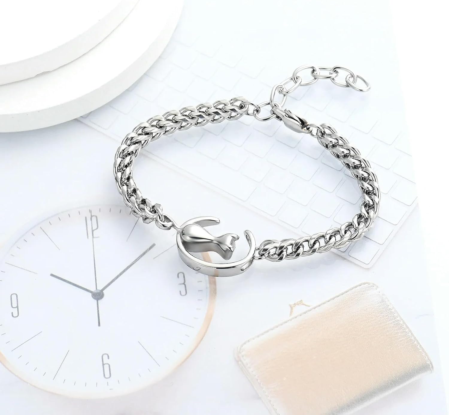 ペット火葬ジュエリー 猫用骨壷 遺灰用ブレスレット ステンレススチール 調節可能リンクチェーン メモリアルバングル 女性 女の子用