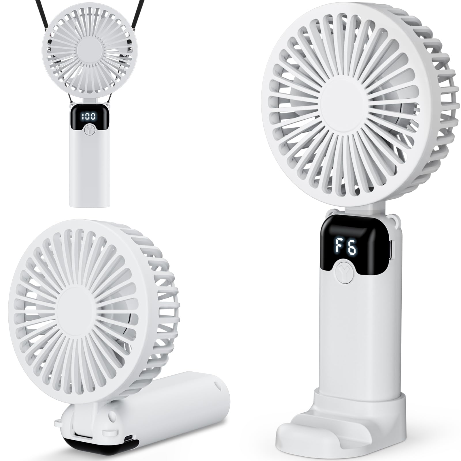 Handheld Fan, USB Rechargeable Portable Mini Hand Held Fan with 6 Speeds 4000mAh Battery Operated, Foldable Desk Small Fans with LED Display for Home Office Travel Outdoor Use, Summer Gift (White)