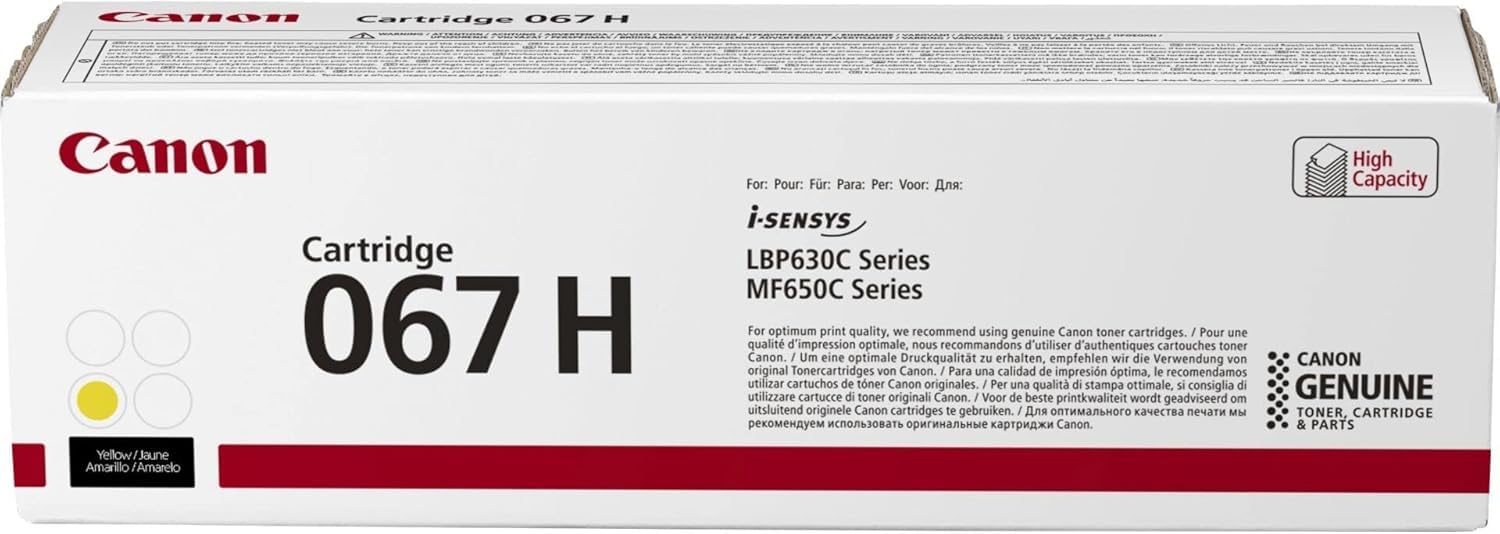 Canon 067H. Colour Toner Page Yield: 2350 Pages Printing Colours: Yellow Quantit