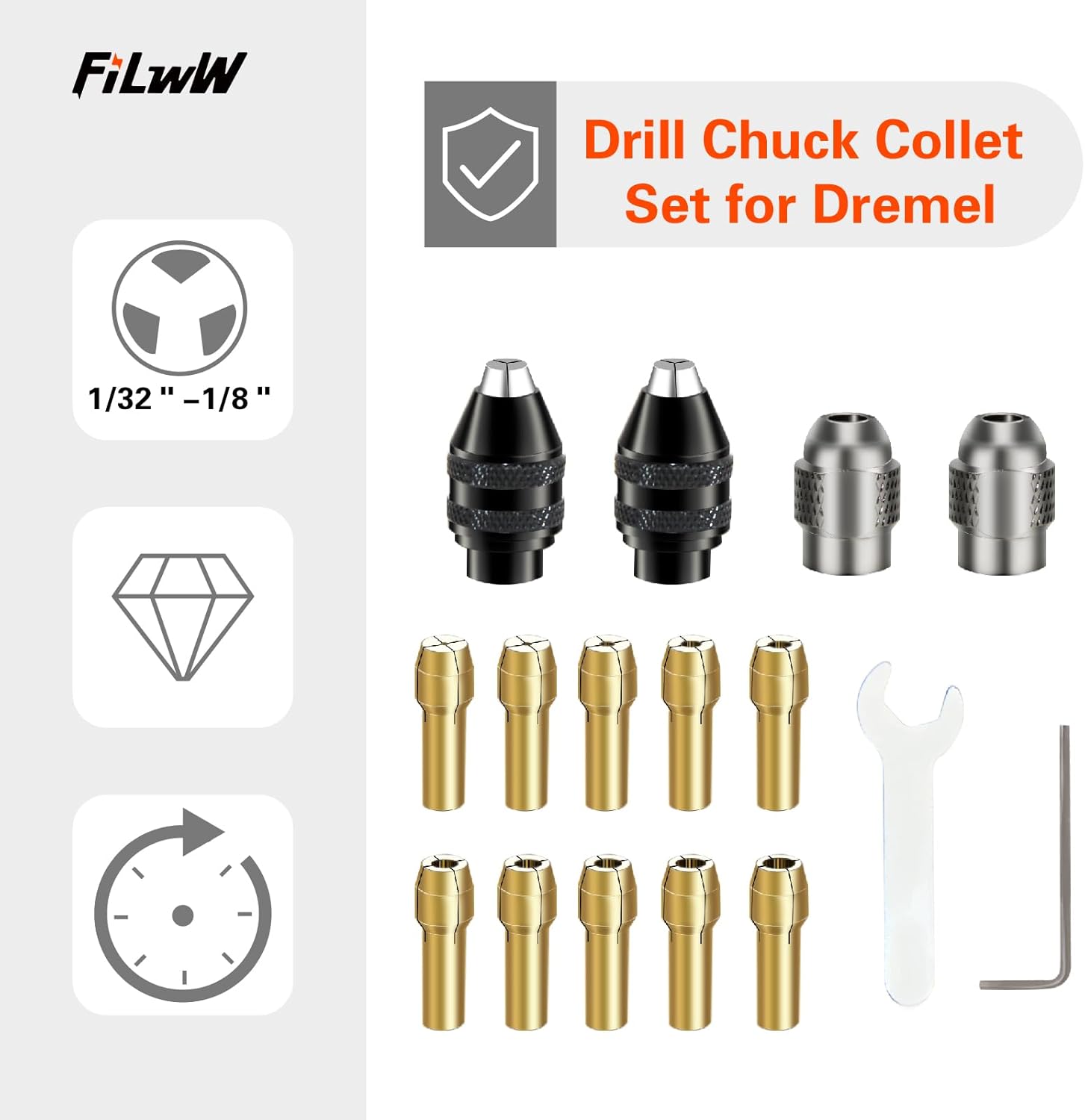 Drill Chuck Collet Set for Dremel, 16PCS 0.8-3.2mm Replacement 4486 Drill Keyless Bit Chuck Shank Rotary Tool Quick Change Adapter