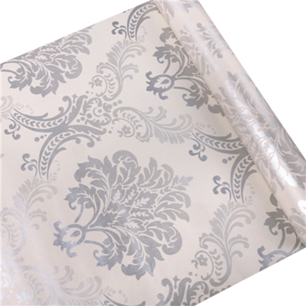 HOYOYO17.8 x 78 Inches Self-Adhesive Shelf Liner, Self-Adhesive Shelf Liner Dresser Drawer Paper Wall Sticket Home Decoration, Vintage Gray Damask