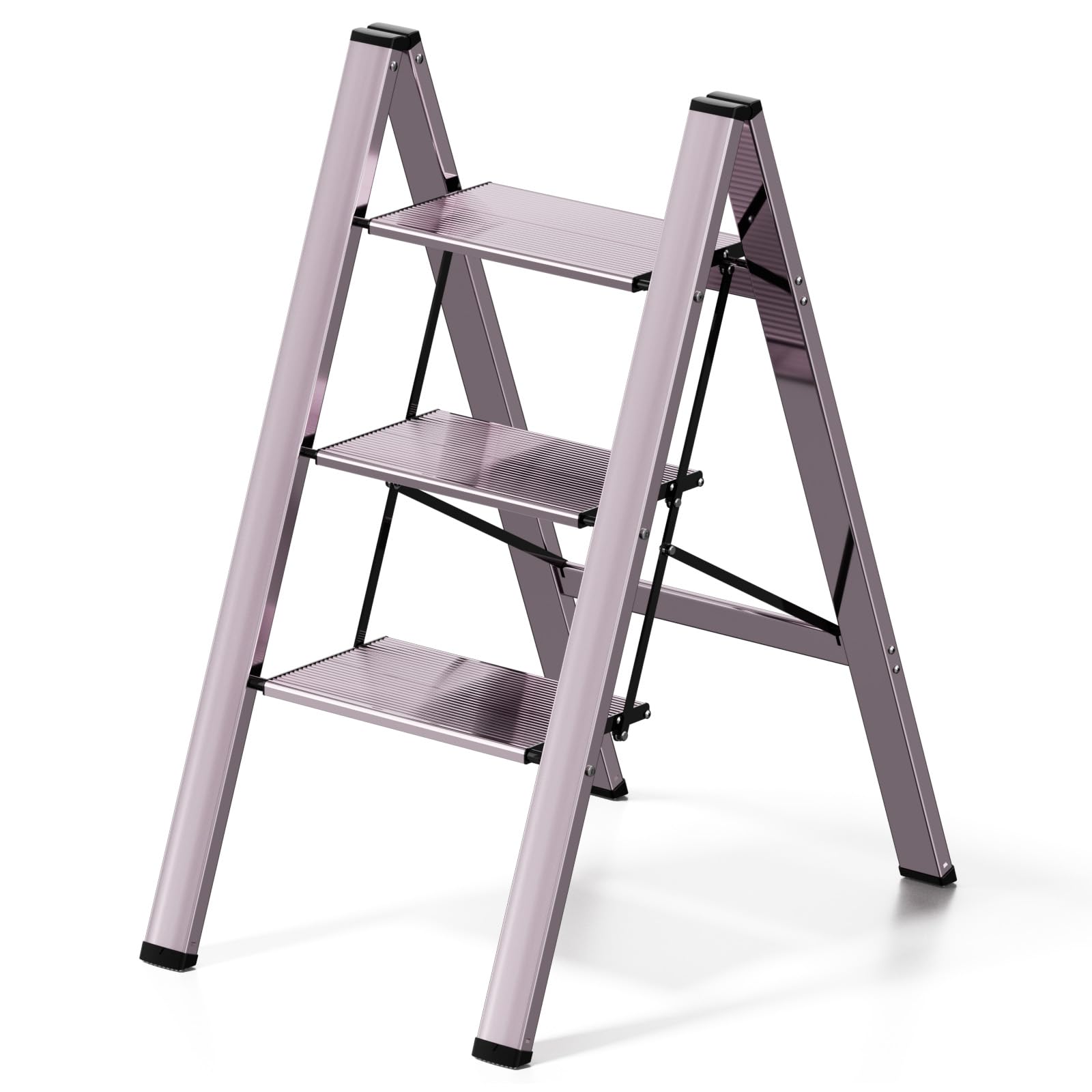 3 Step Ladder, Sturdy&Portable Aluminum Ladder with Wide Anti-Slip Pedal, 330 lbs Capacity Folding Step Stools for Adults, Lightweight Ladders for Home Kitchen Library Office, Purple