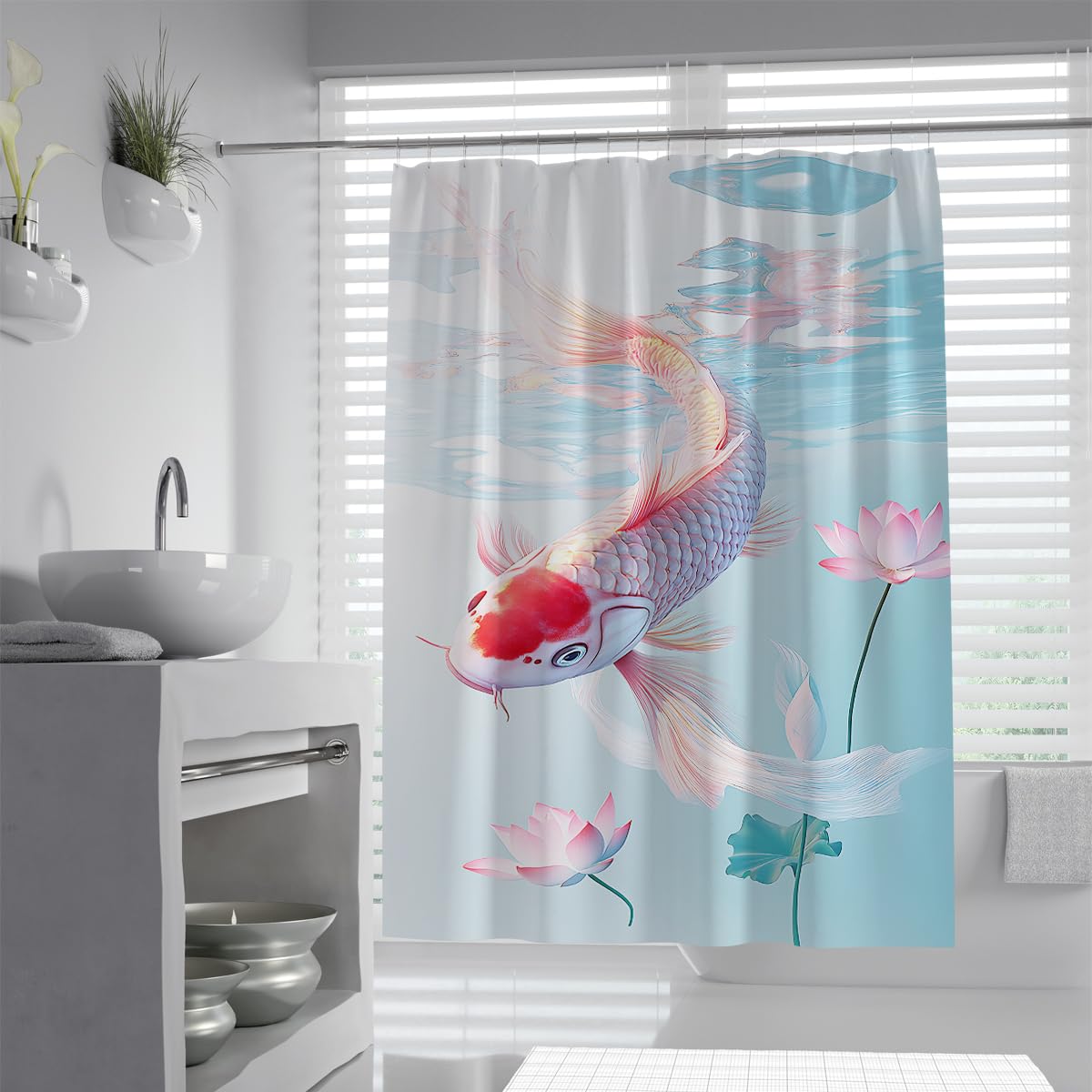 Uiringart Shower Curtains Elegant Koi Carp Bathroom Curtains W200xl220cm Soft Blue Water Pink Lotus Buds Botanical Art Water-Repellent Machine Washable Polyester Fabric Bath Shower Curtain For Wet Room With Hooks