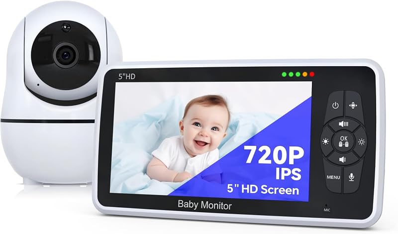 Babystar Vigilabebés con cámara y audio, pantalla de 5" con resolución HD 720P, batería de 4000 mAh hasta 22 horas, zoom panorámico remoto, sin WiFi, VOX, visión nocturna, audio bidireccional, canciones de cuna, sensor de temperatura