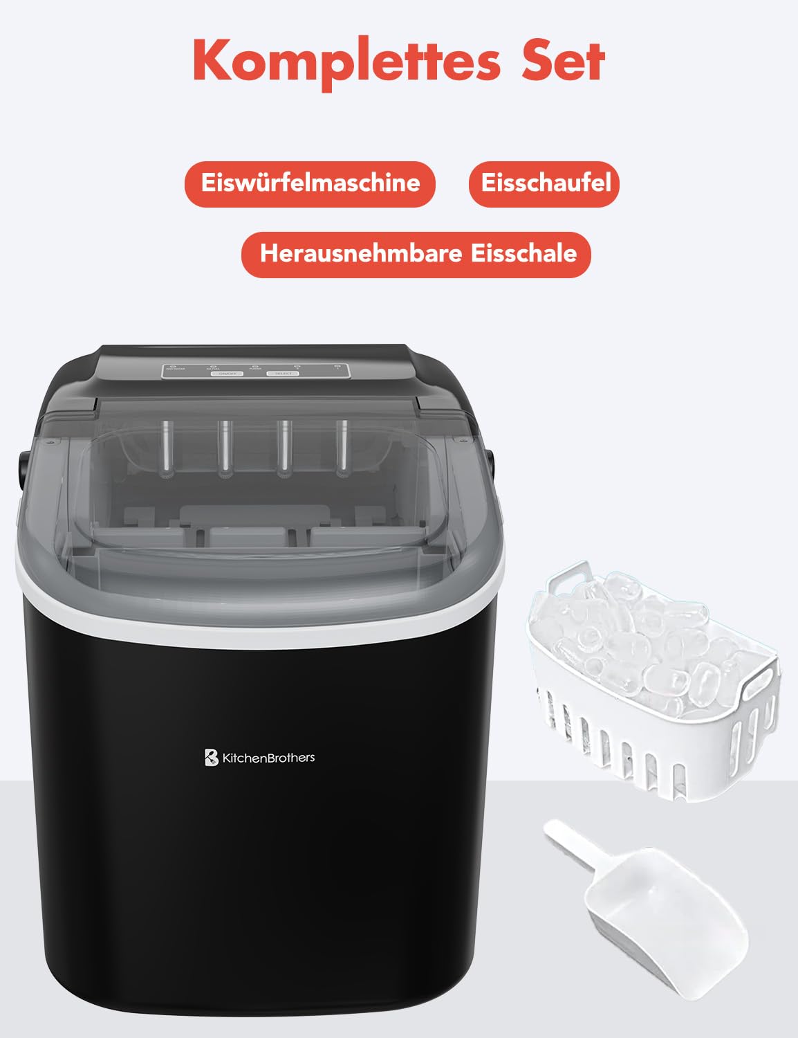 KitchenBrothers Eiswürfelmaschine Klein - Crushed Ice Maschine - Eiswürfel Maschine, Würfel - Ice Cube Maker - Eiswürfelbereiter - Ice Maker - Eiswürfelmaschinen - Ice Crusher - Eiscrusher