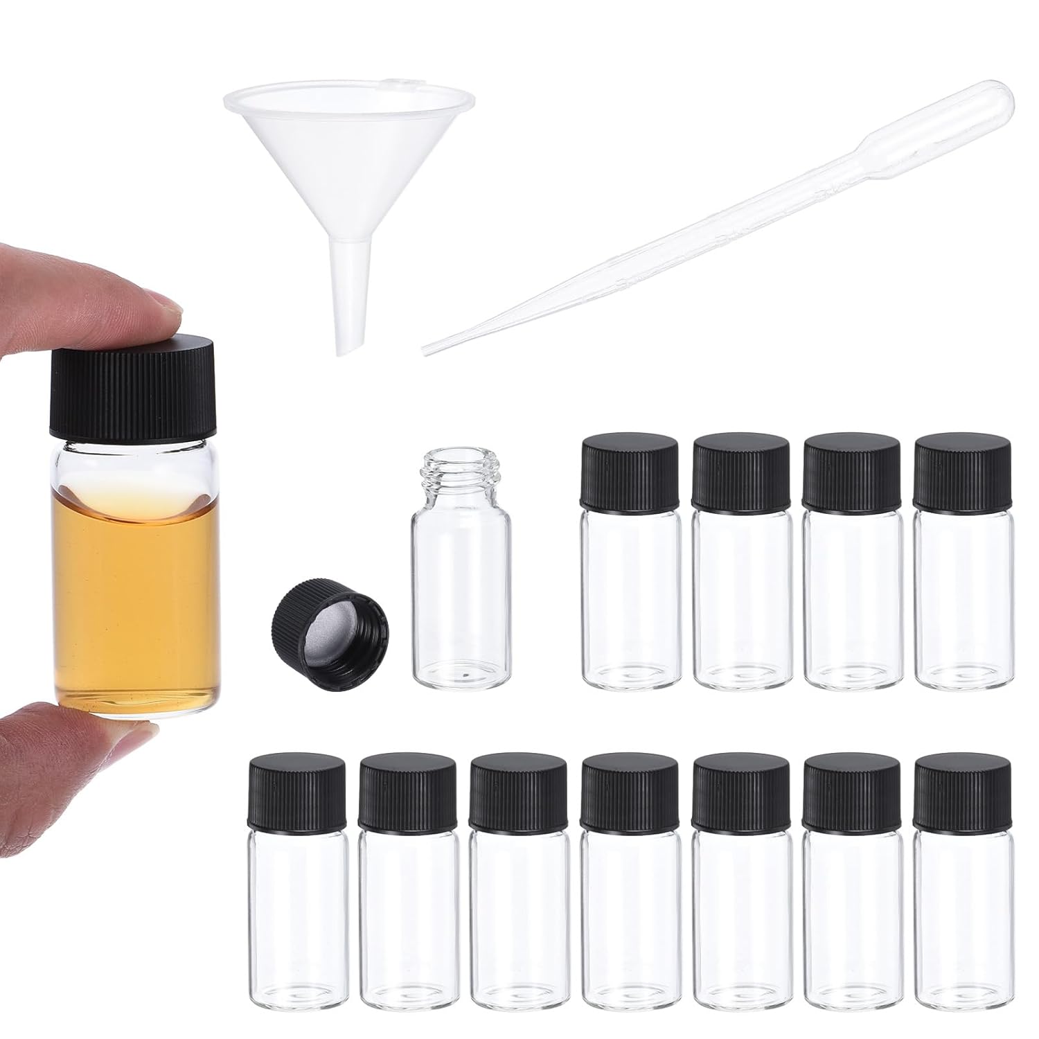 PATIKIL 10ml Clear Glass Vials, 100 Pack Sample Vials with Screw Cap Reagent Media Bottle with 3 Dropper and 2 Funnel Leak-Proof Liquid Vial for Lab Laboratory