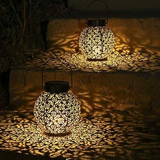 Solar Lanterns Light Outdoor Hanging Garden Lights Metal Lamp for Patio Yard Art Garden Accessories Decorations for Porch,Lawn,Courtyard, Pack of 2