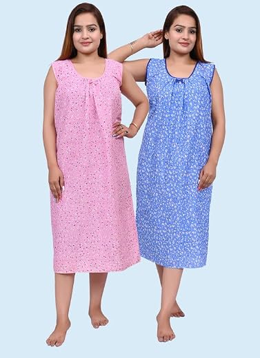 Swastik Stuffs Women's/Girl's Short Midi Cotton 3/4 Nighty, Night Wear, Maxi, Nightshirt(Pack of 2)