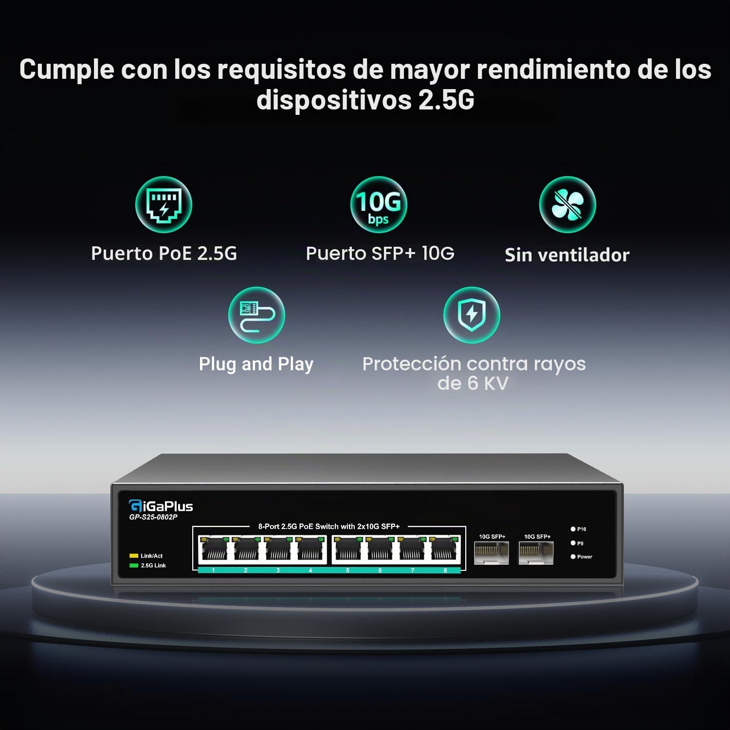 Switch PoE no administrado de 10 Puertos y 2.5G con 8 Puertos PoE Base-T de 2.5Gb, 2 Enlaces ascendentes SFP+ de 10G, 802.3af/at (PoE+), Switch PoE GigaPlus para NAS/PC de 2.5G, enrutador WiFi6
