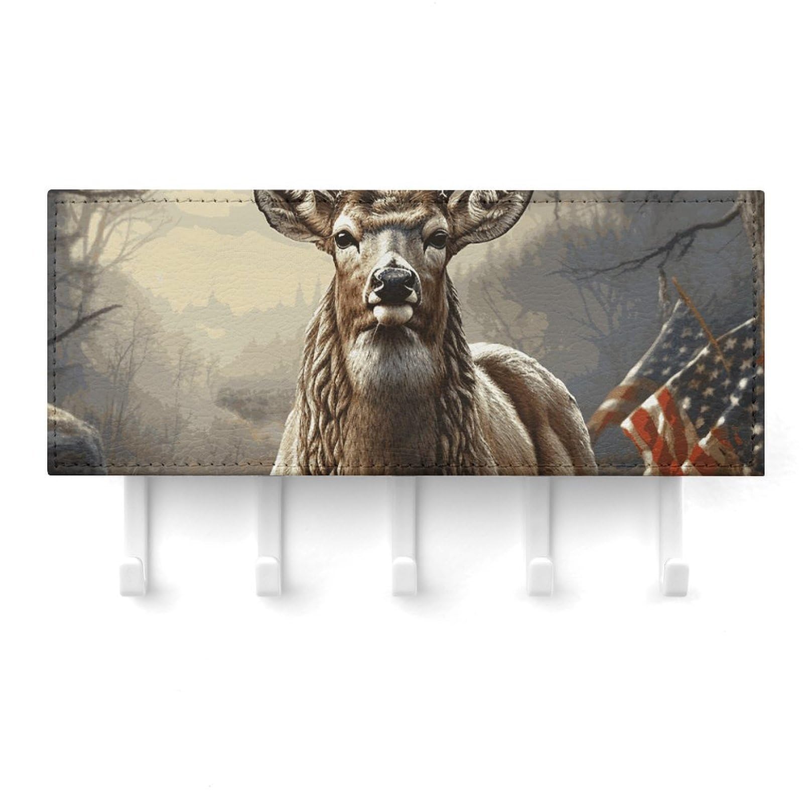 QMNLKH Deer Hunting Season Wall Mounted Key Rack for Home, No Drilling Key Holder with 5 Hooks, Self Adhesive Keys Chain Organizer for Hallway, Keys Hanger Shelf for Office, Doorway White