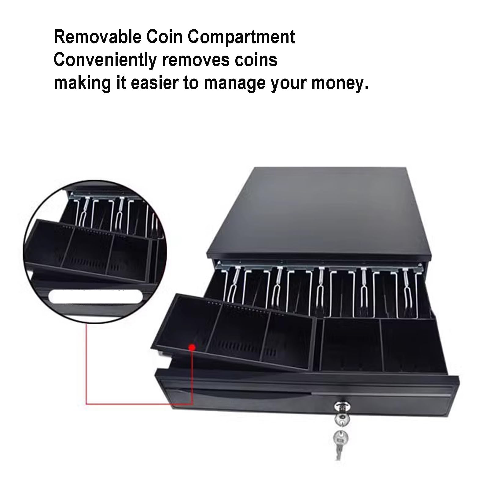 registrazione cassa con chiavi, cassetto cassa, Cassetto portadenaro con inserto, cassetto portadenaro con apertura a pressione manuale, cassetto portadenaro e portamonete, scomparto portamonete rimov