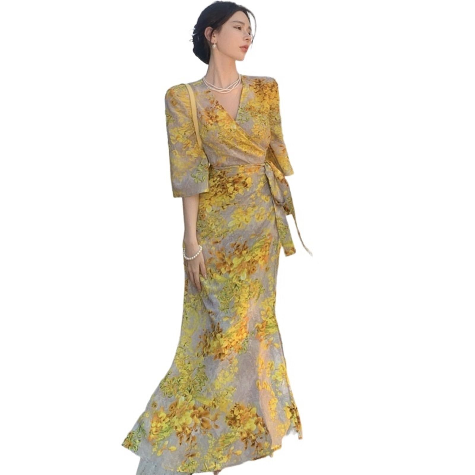 Vimagcal Yellow Trench Vacation Tea Break French V-Neck Floral Dress 2023 New