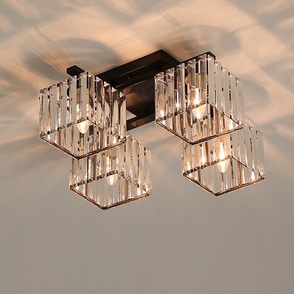 HerfsT Black Crystal Semi Flush Mount Ceiling Light Gold Industrial Crystal Chandelier for Bedroom Crystal Cage Farmhouse Close to Ceiling Light Fixtures for Kitchen Foyer Living Room Dining Room