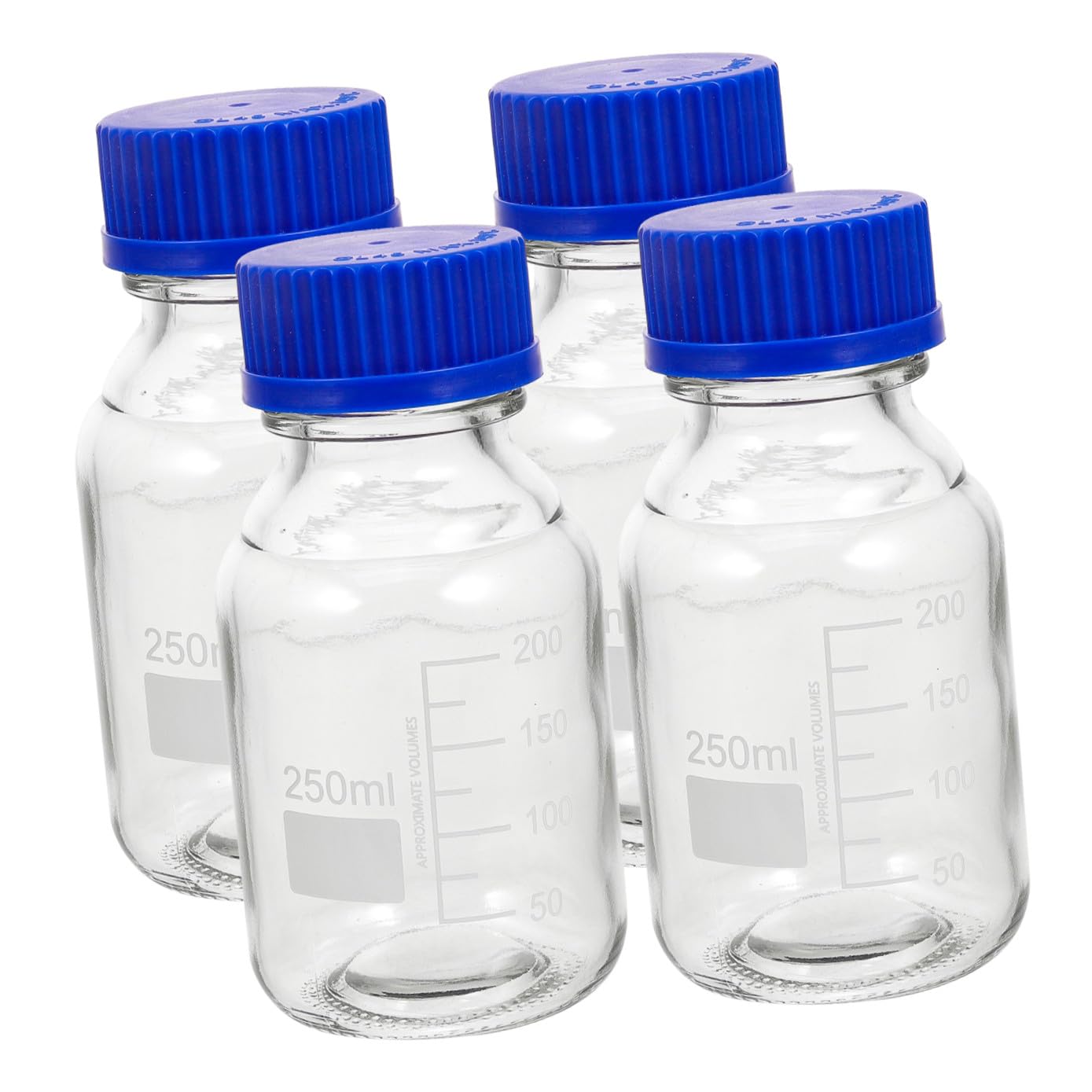 Didiseaon 4 Pezzi Bottiglie di Vetro per Reagenti da 250ml con Tappi a Vite, Design Graduato e Cappucci Blu, Leggere per Uso in Laboratorio e Istituti Chimici