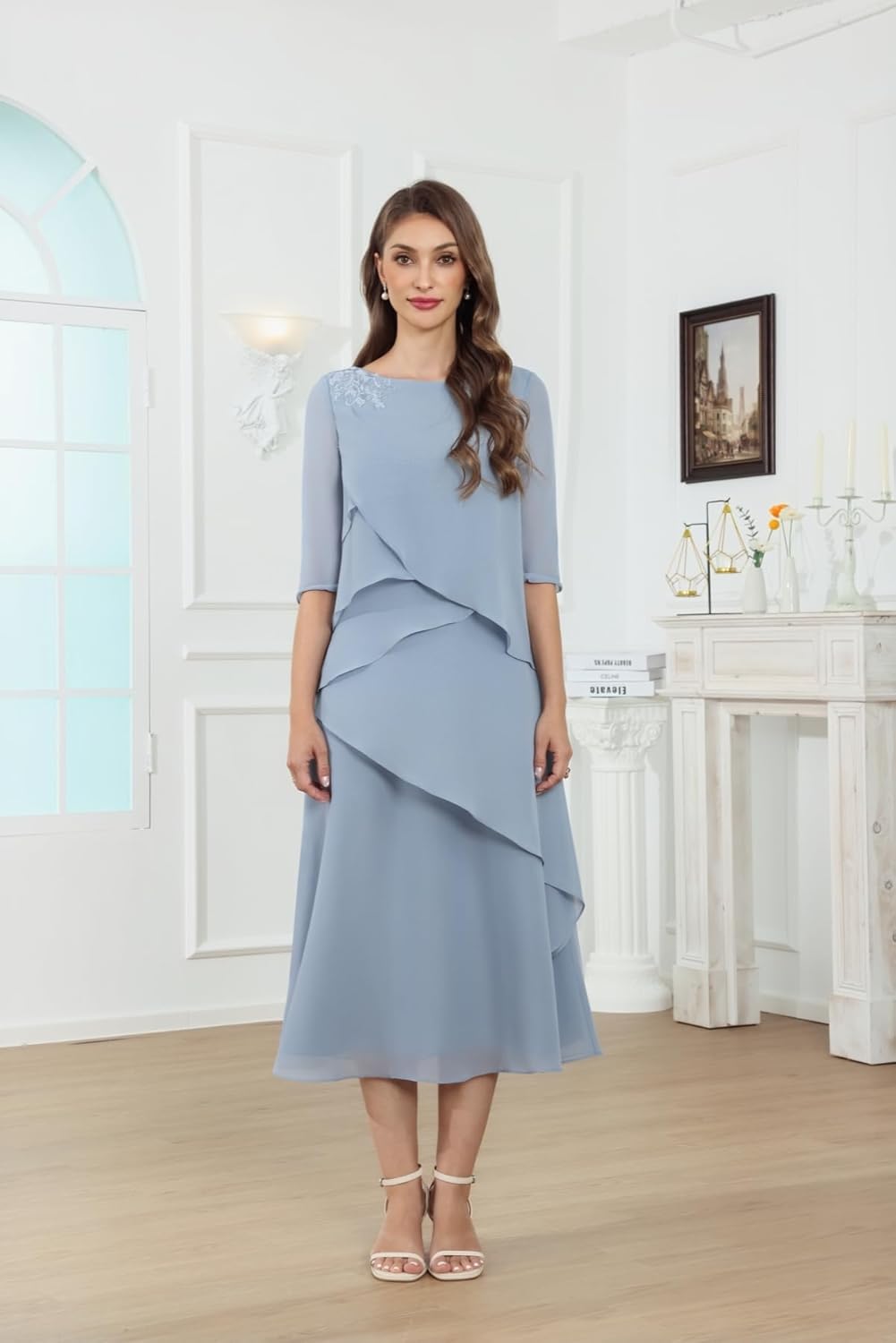 Mother of The Bride Dresses for Women Chiffon Lace Applique A-line Tea Length Formal Dress - Image 2