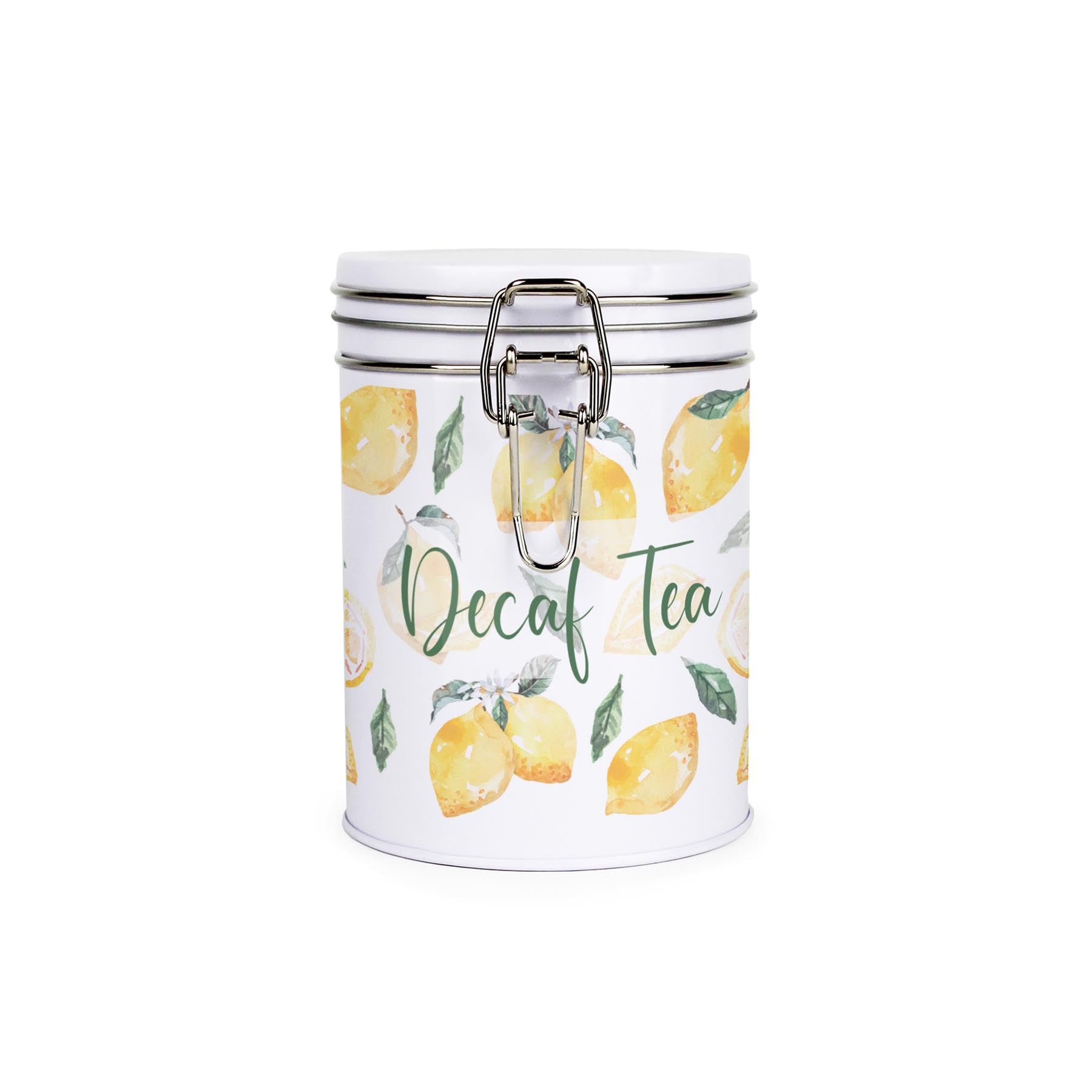 Purely Home Lemons Decaf Tea Canister - White Metal Clip Lid Kitchen Storage Jar/Container Gift 700ml (13cm x 9.5cm)