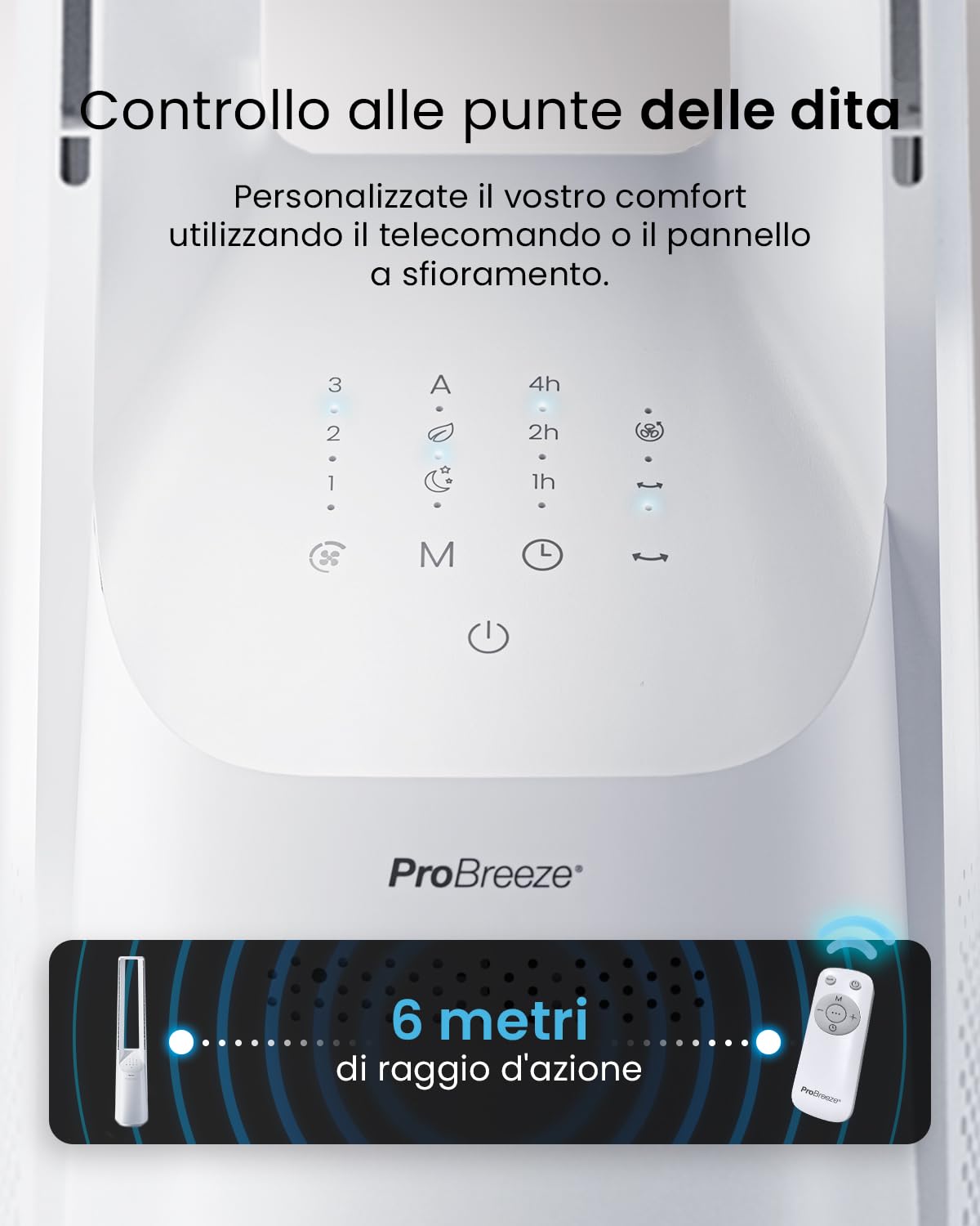 Pro Breeze Ventilatore a Torre Bianco 101 cm Senza Pale – Motore DC Ultra Silenzioso, Telecomando, Display LED, 6 Velocità, 5 Modalità, Oscillazione Automatica 60°, Timer 7h, Ideale per Casa e Camera