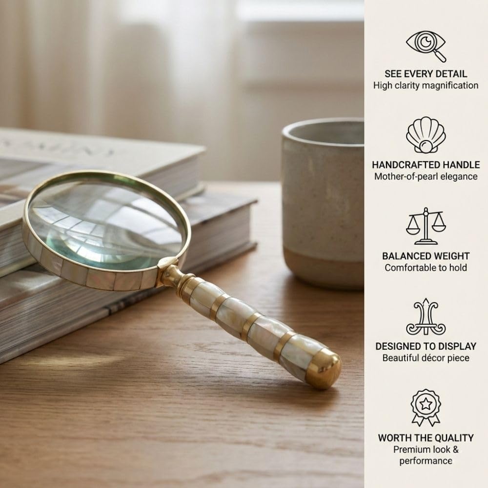 Mother-of-Pearl Magnifying Glass | 10x Magnification Loupe | Handmade Brass Magnifier with 4 Inch Glass Lens Antique Style for Reading, Elderly Vision, Inspection, Collectors & Vintage Decor Gift