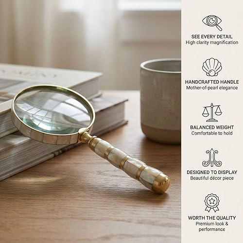 Miniatura 6 de Lupa de nácar Lupa de aumento de 10 veces Lupa de latón hecha a mano con lente de vidrio de 4 pulgadas, estilo antiguo para leer, visión