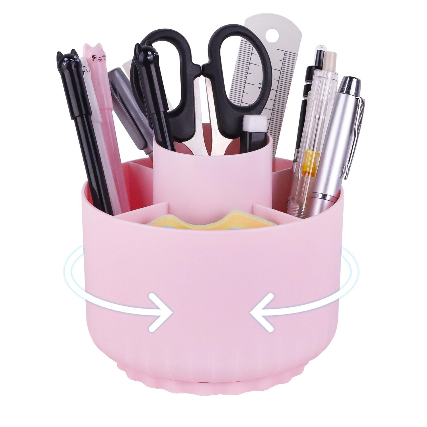 Prmape Portalápices Giratorio Escritorio 360°, 11x12cm Organizador de Escritorio Rosa con 5 Compartimentos, Portalapices Escritorio Infantil Giratorio, Organizador Boligrafos Plastico para Oficina