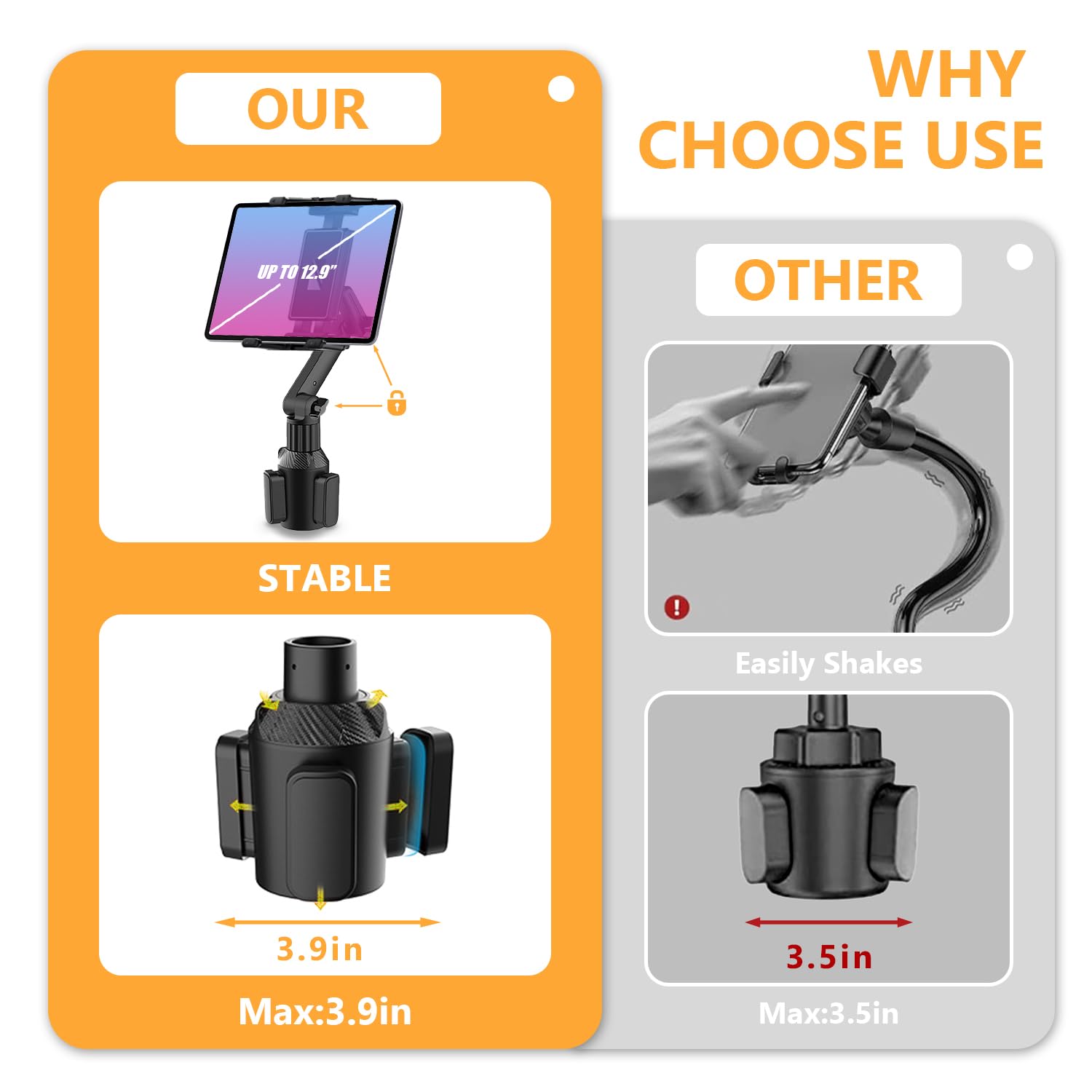 WUITIN Getränkehalter fürs Auto, Tablet-Halterung für Auto, 360° verstellbar, 38,1 cm lang, 2-Arm-Ständer für iPad, Samsung Galaxy Tab/Z Fold 4/3, iPhone 15/14/Pro, 11,9–32,8 cm Tab und Handy
