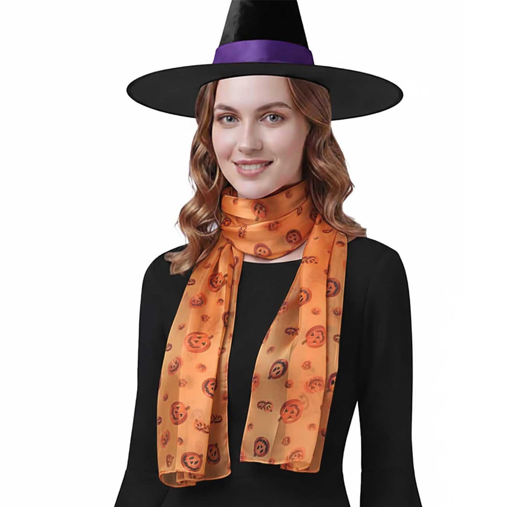 Basic Sense Satin Halloween Scarf with Jack O'Lantern Bat pumpkin Motif, 30 - Gold