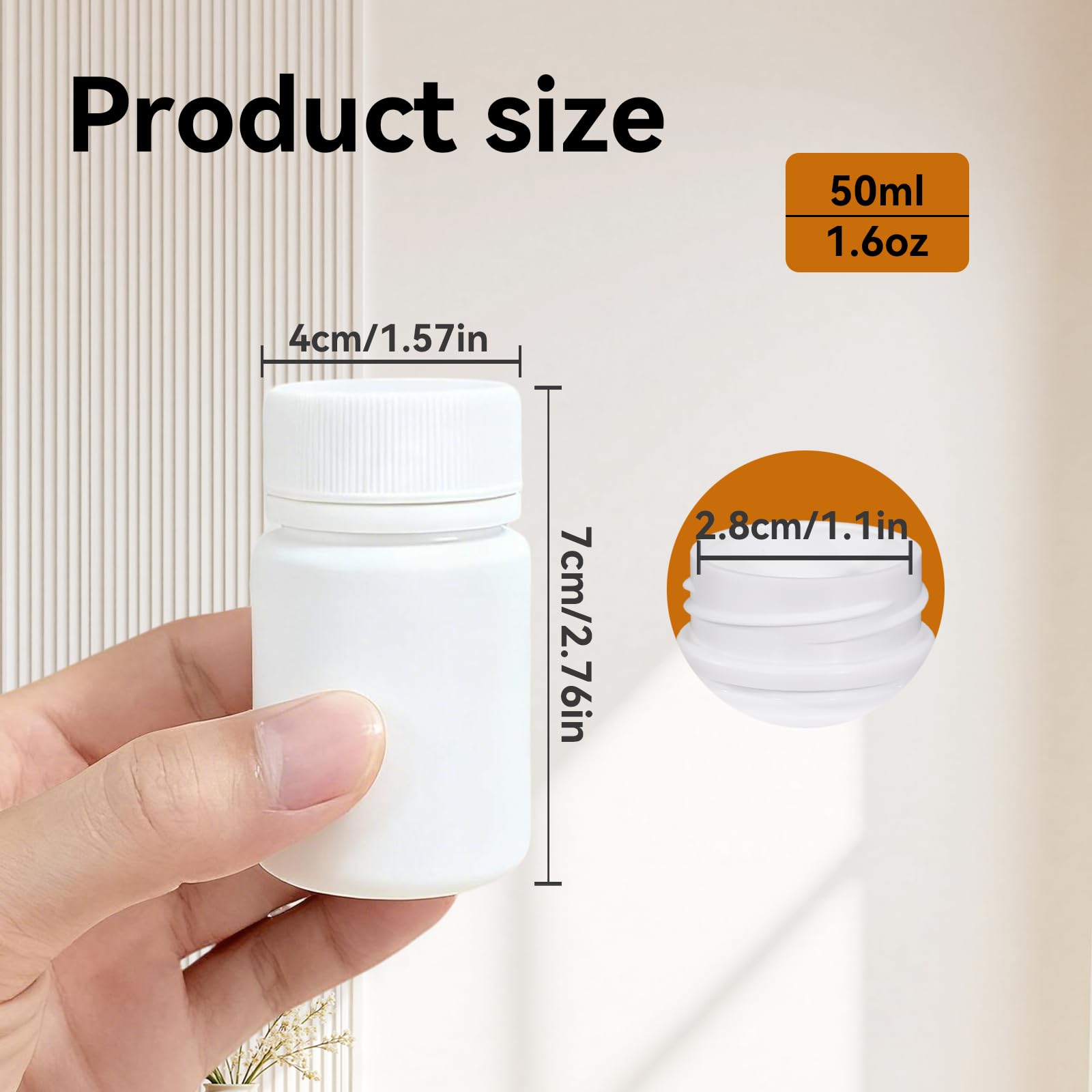Condition photo showing Brand New for 20 pack travel pill bottles - white food grade plastic with screw caps & labels, small pill organizer for pills, vitamins, capsules