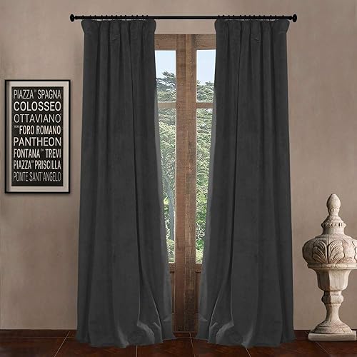 LETAU Pinch Pleated Lined Blackout Curtains 96 inches Long, Luxury Velvet Weighted Thermal Window Curtains Panels Drapes, 84" W x 96" L, Set of 2, Natural Grey